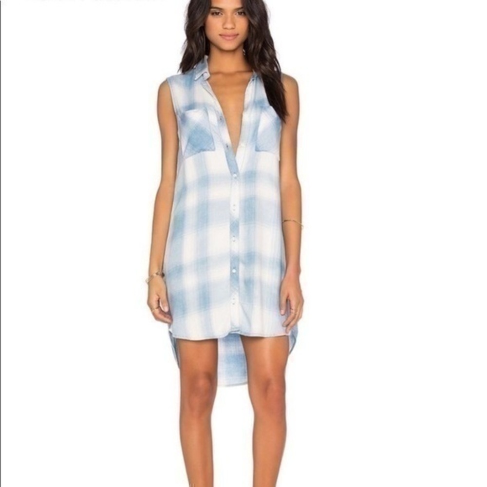 Anthro Cloth & Stone blue white plaid shirt dress